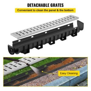 trench drain system, channel drain with metal grate, 5.9x5.1 inch hdpe drainage trench, black plastic garage floor drain, 3x39 trench drain grate, with 3 end caps, for garden, driveway 3 pack