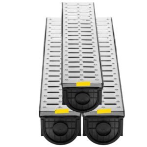 Trench Drain System, Channel Drain with Metal Grate, 5.9x5.1-Inch HDPE Drainage Trench, Black Plastic Garage Floor Drain, 3x39 Trench Drain Grate, with 3 End Caps, for Garden, Driveway-3 Pack