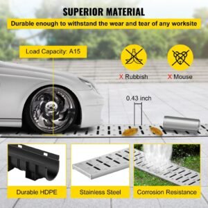 trench drain system, channel drain with metal grate, 5.9x5.1 inch hdpe drainage trench, black plastic garage floor drain, 3x39 trench drain grate, with 3 end caps, for garden, driveway 3 pack