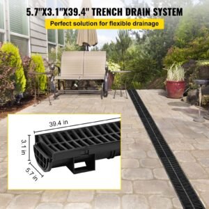 trench drain system, channel drain with plastic grate, 5.7x3.1 inch hdpe drainage trench, black plastic garage floor drain, 3x39 trench drain grate, with 3 end caps, for garden, driveway 3 pack