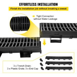 trench drain system, channel drain with plastic grate, 5.7x3.1 inch hdpe drainage trench, black plastic garage floor drain, 3x39 trench drain grate, with 3 end caps, for garden, driveway 3 pack