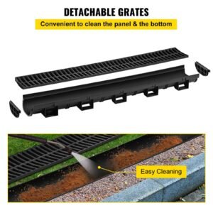 trench drain system, channel drain with plastic grate, 5.7x3.1 inch hdpe drainage trench, black plastic garage floor drain, 3x39 trench drain grate, with 3 end caps, for garden, driveway 3 pack