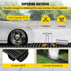 trench drain system, channel drain with plastic grate, 5.7x3.1 inch hdpe drainage trench, black plastic garage floor drain, 3x39 trench drain grate, with 3 end caps, for garden, driveway 3 pack