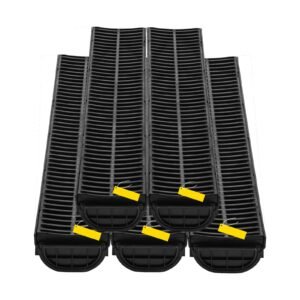 trench drain system, channel drain with plastic grate, 5.7x3.1 inch hdpe drainage trench, black plastic garage floor drain, 5x39 trench drain grate, with 5 end caps, for garden, driveway 5 pack