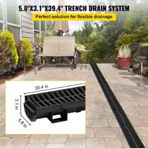 trench drain system, channel drain with plastic grate, 5.8x3.1 inch hdpe drainage trench, black plastic garage floor drain, 6x39 trench drain grate, with 6 end caps, for garden, driveway 6 pack