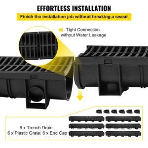 trench drain system, channel drain with plastic grate, 5.9x5.1 inch hdpe drainage trench, black plastic garage floor drain, 6x39 trench drain grate, with 6 end caps, for garden, driveway 6 pack
