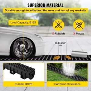 trench drain system, channel drain with plastic grate, 5.9x5.1 inch hdpe drainage trench, black plastic garage floor drain, 6x39 trench drain grate, with 6 end caps, for garden, driveway 6 pack