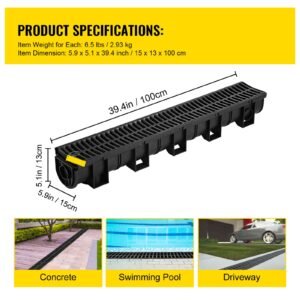 trench drain system, channel drain with plastic grate, 5.9x5.1 inch hdpe drainage trench, black plastic garage floor drain, 6x39 trench drain grate, with 6 end caps, for garden, driveway 6 pack