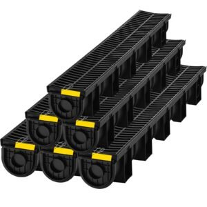 trench drain system, channel drain with plastic grate, 5.9x5.1 inch hdpe drainage trench, black plastic garage floor drain, 6x39 trench drain grate, with 6 end caps, for garden, driveway 6 pack
