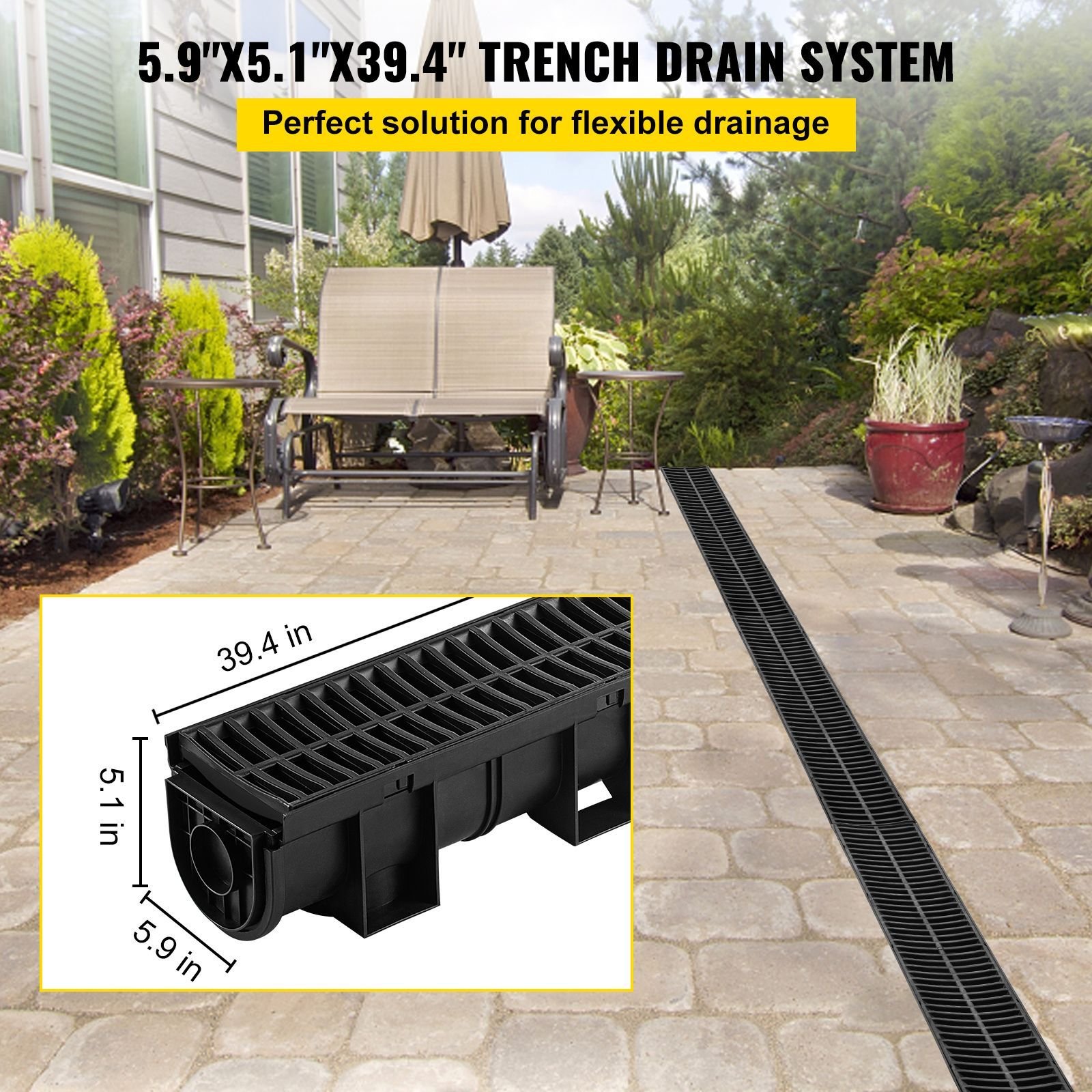 trench drain system, channel drain with plastic grate, 5.9x5.1 inch hdpe drainage trench, black plastic garage floor drain, 6x39 trench drain grate, with 6 end caps, for garden, driveway 6 pack
