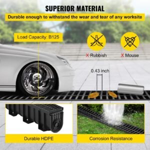 trench drain system, channel drain with plastic grate, 5.9x7.5 inch hdpe drainage trench, black plastic garage floor drain, 4x39 trench drain grate, with 4 end caps, for garden, driveway 4 pack