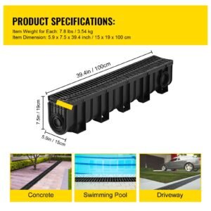 trench drain system, channel drain with plastic grate, 5.9x7.5 inch hdpe drainage trench, black plastic garage floor drain, 4x39 trench drain grate, with 4 end caps, for garden, driveway 4 pack