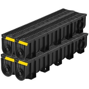 trench drain system, channel drain with plastic grate, 5.9x7.5 inch hdpe drainage trench, black plastic garage floor drain, 4x39 trench drain grate, with 4 end caps, for garden, driveway 4 pack