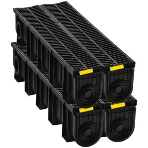 trench drain system, channel drain with plastic grate, 5.9x7.5 inch hdpe drainage trench, black plastic garage floor drain, 4x39 trench drain grate, with 4 end caps, for garden, driveway 4 pack