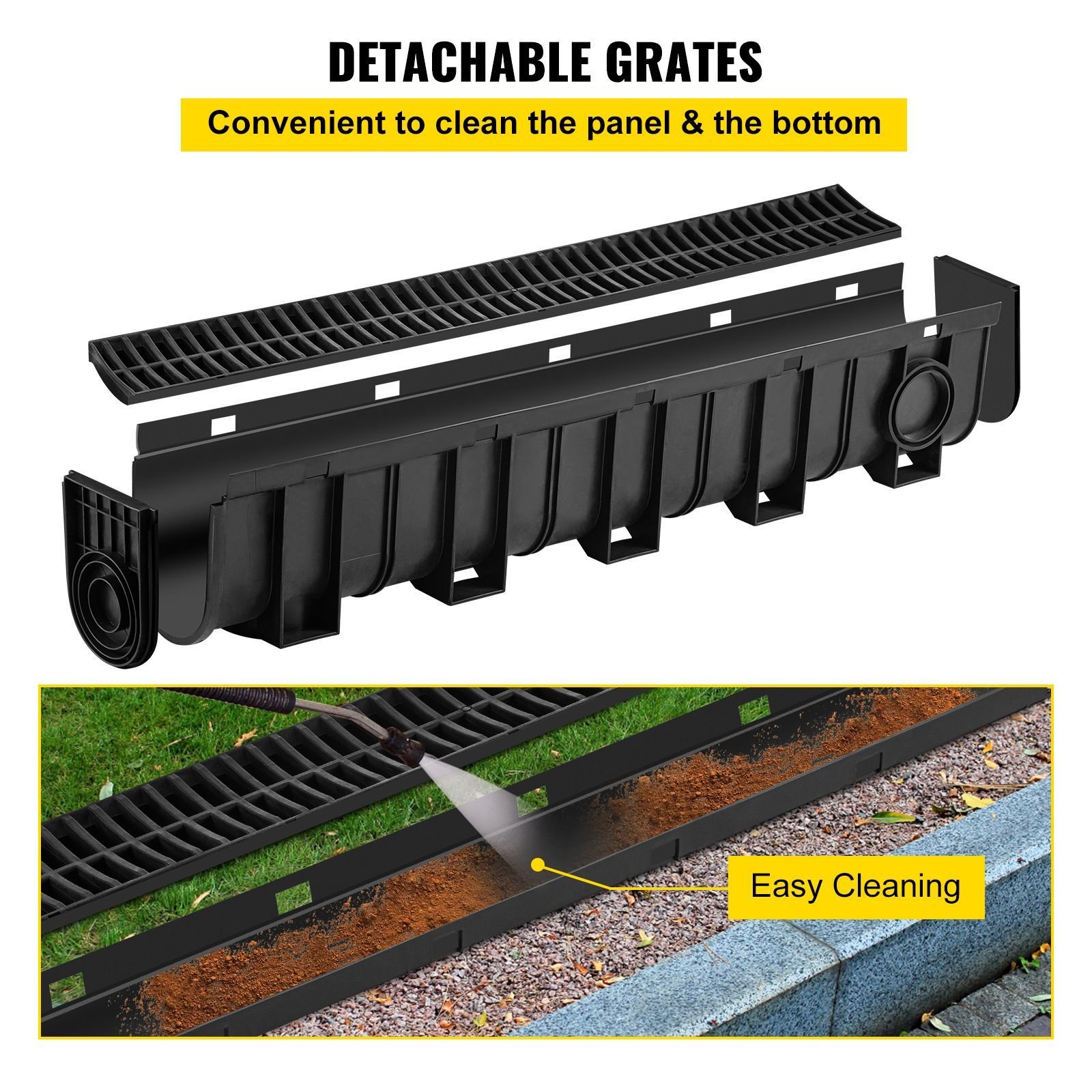 trench drain system, channel drain with plastic grate, 5.9x7.5 inch hdpe drainage trench, black plastic garage floor drain, 4x39 trench drain grate, with 4 end caps, for garden, driveway 4 pack
