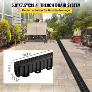 trench drain system, channel drain with plastic grate, 5.9x7.5 inch hdpe drainage trench, black plastic garage floor drain, 5x39 trench drain grate, with 5 end caps, for garden, driveway 5 pack