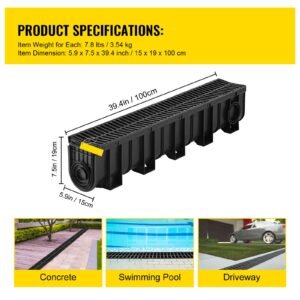 trench drain system, channel drain with plastic grate, 5.9x7.5 inch hdpe drainage trench, black plastic garage floor drain, 5x39 trench drain grate, with 5 end caps, for garden, driveway 5 pack