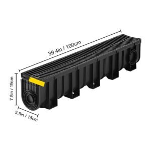 trench drain system, channel drain with plastic grate, 5.9x7.5 inch hdpe drainage trench, black plastic garage floor drain, 5x39 trench drain grate, with 5 end caps, for garden, driveway 5 pack