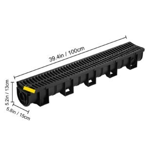 trench drain system,5.8x5.2x39.4 inch hdpe drainage trench,channel drain with plastic grate,black plastic garage floor drain,3x39 trench drain grate,with 3 end caps, for garden, driveway 3 pack