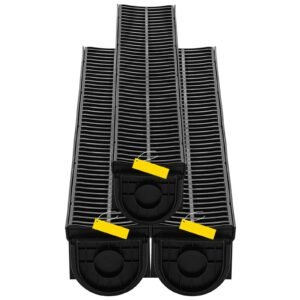 trench drain system,5.8x5.2x39.4 inch hdpe drainage trench,channel drain with plastic grate,black plastic garage floor drain,3x39 trench drain grate,with 3 end caps, for garden, driveway 3 pack