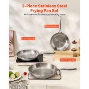 tri ply stainless steel frying pan, 3 pcs set (8, 10, 12 in), cooking skillet with heat resistant handle, chef's kitchen cookware, oven, gas, electric, induction, dishwasher compatible, silver