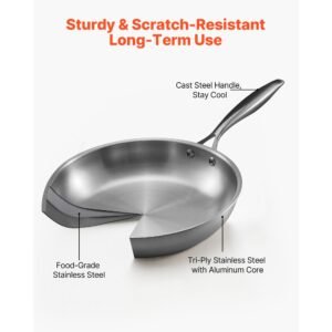 tri ply stainless steel frying pan, 3 pcs set (8, 10, 12 in), cooking skillet with heat resistant handle, chef's kitchen cookware, oven, gas, electric, induction, dishwasher compatible, silver