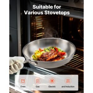 tri ply stainless steel frying pan, 3 pcs set (8, 10, 12 in), cooking skillet with heat resistant handle, chef's kitchen cookware, oven, gas, electric, induction, dishwasher compatible, silver