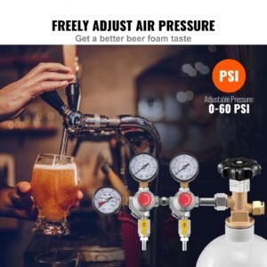 triple gauge regulator, co2 regulator gauge with 0 60psi, heavy duty co2 gauge gas system, draft beer regulator with check valve, adjustable pressure regulator for draft beer homebrew, cga320