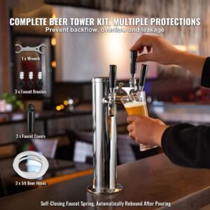 triple taps draft beer tower dispenser, stainless steel keg beer tower, kegerator tower kit with pre assembled tubing and self closing faucet shanks for party, bar, pub, restaurant