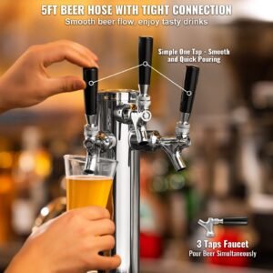 triple taps draft beer tower dispenser, stainless steel keg beer tower, kegerator tower kit with pre assembled tubing and self closing faucet shanks for party, bar, pub, restaurant