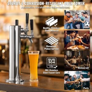 triple taps draft beer tower dispenser, stainless steel keg beer tower, kegerator tower kit with pre assembled tubing and self closing faucet shanks for party, bar, pub, restaurant