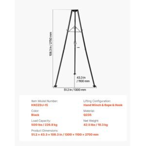 tripod deer hoist, 500 lbs load capacity, hunting game hoist winch lift with gambrel & manual winch, hunting game skinning and cleaning accessory for cleaning, skinning, and moving, black