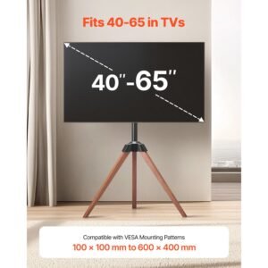 tripod easel tv stand, for 40 65 inch flat screen/curved tvs up to 99 lbs, 18° left right rotation portable tv stand with oak wood legs, for bedroom, living room, studio, max vesa 600 x 400 mm