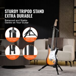 tripod guitar stand, 33 lbs/15 kg load capacity, floor standing foldable guitar stand display rack with 35.4 47.2 in/900 1200 mm adjustable height, for guitar acoustic electric classical bass