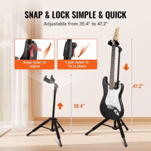tripod guitar stand, 33 lbs/15 kg load capacity, floor standing foldable guitar stand display rack with 35.4 47.2 in/900 1200 mm adjustable height, for guitar acoustic electric classical bass