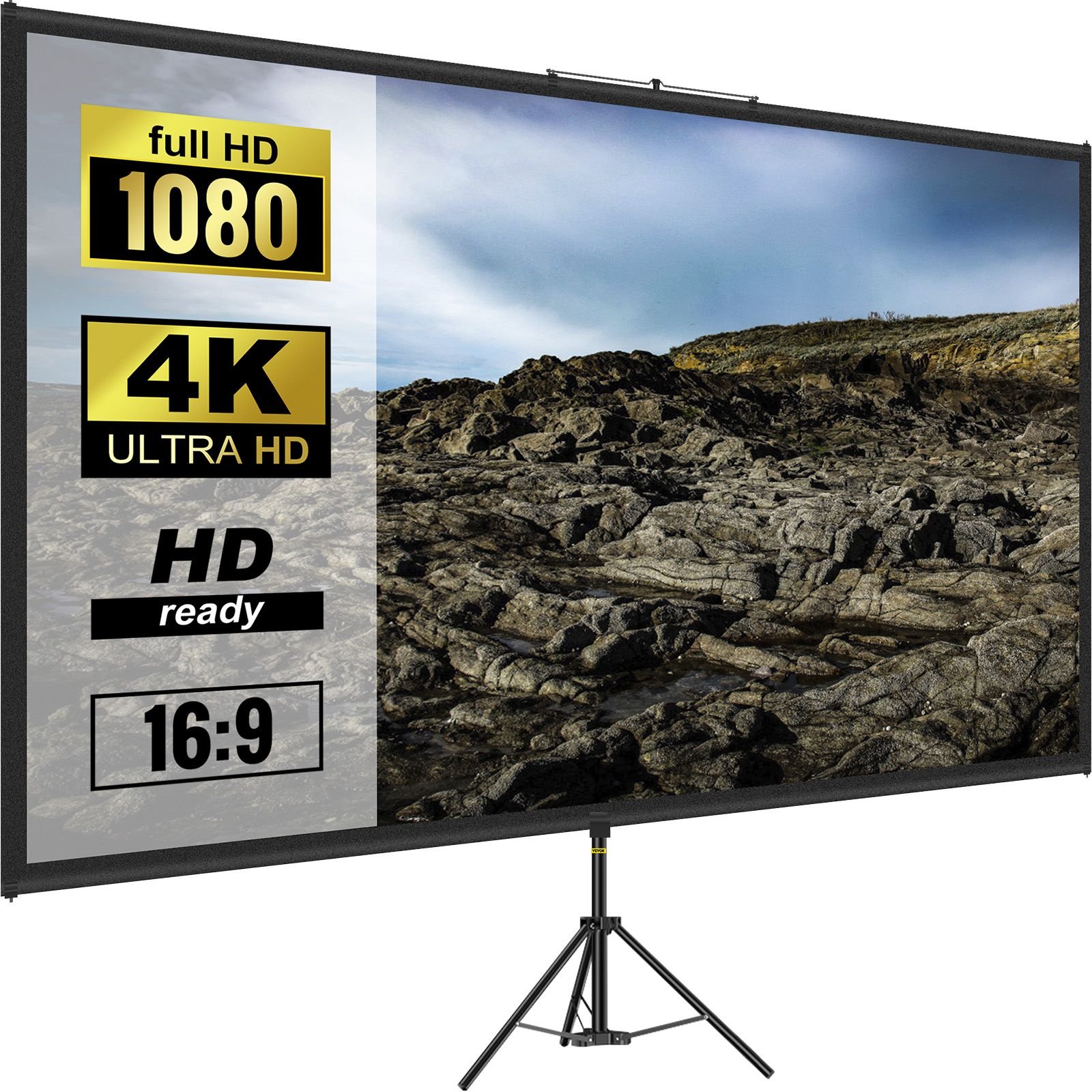tripod projector screen with stand 110inch 16:9 4k hd projection screen stand wrinkle free height adjustable portable screen for projector indoor & outdoor for movie, home cinema, gaming, office