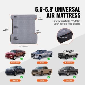 truck bed air mattress, for 5.5 5.8 ft full size short truck beds, inflatable air mattress camping bed with 12v air pump 2 pillows, carry bag, for silverado, ram, f series, sierra, titan, tundra