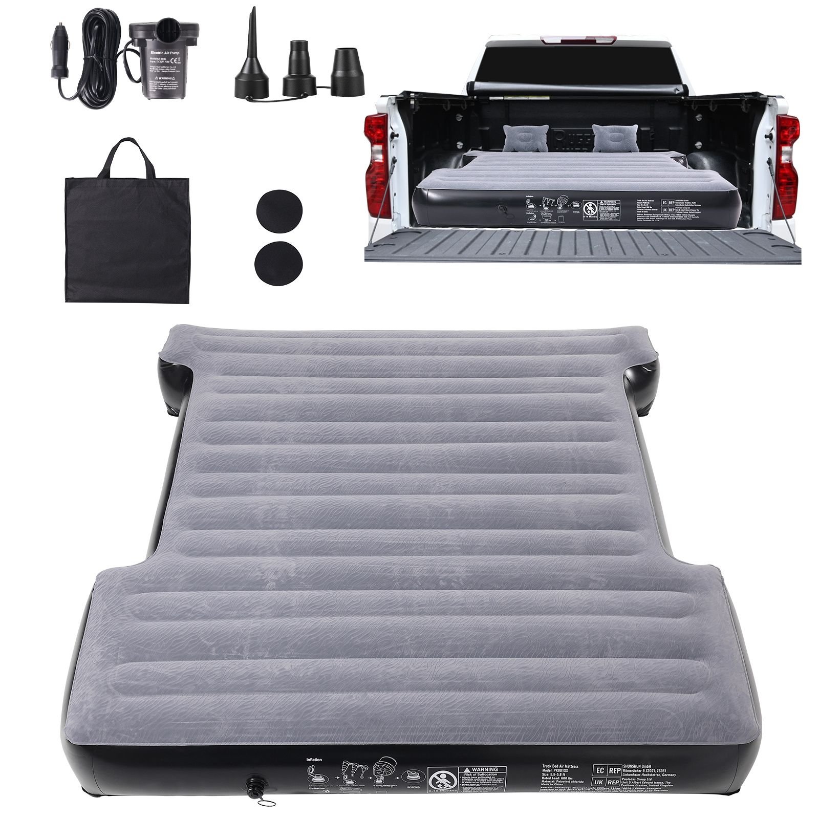 truck bed air mattress, for 5.5 5.8 ft full size short truck beds, inflatable air mattress camping bed with 12v air pump 2 pillows, carry bag, for silverado, ram, f series, sierra, titan, tundra