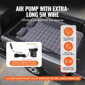 truck bed air mattress, for 6 6.5 ft full size truck beds, inflatable air mattress camping bed with 12v air pump 2 pillows, carry bag, for chevrolet silverado, dodge ram, ford 150/250/350