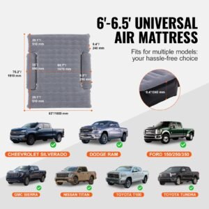 truck bed air mattress, for 6 6.5 ft full size truck beds, inflatable air mattress camping bed with 12v air pump 2 pillows, carry bag, for chevrolet silverado, dodge ram, ford 150/250/350