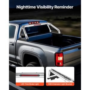 truck bed roll bar, universal adjustable sport bar chase rack compatible with full size & mid size pickup, with led brake light, stainless steel + carbon steel no rack included