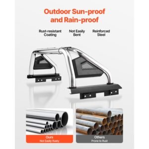 truck bed roll bar, universal adjustable sport bar chase rack compatible with full size & mid size pickup, with led brake light, stainless steel + carbon steel no rack included