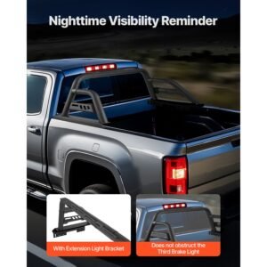 truck bed roll bar, universal pickup sport adjustable bar chase rack compatible with mid size truck, carbon steel construction with extension light bracket, no rack included