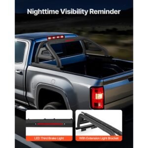 truck bed roll bar, universal pickup sport adjustable bar chase rack compatible with mid size truck, carbon steel construction with led brake light, no rack included