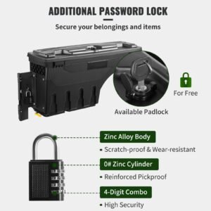 truck bed storage box, lockable lid, waterproof abs wheel well tool box 6.6 gal/20 l with password padlock, compatible with dodge ram 1500 2019 2021, driver side, black