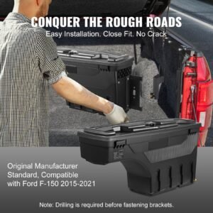 truck bed storage box, lockable swing case with password padlock, 6.6 gal/25 l abs wheel well tool box, waterproof and durable, compatible with ford f 150 2015 2021, passenger side