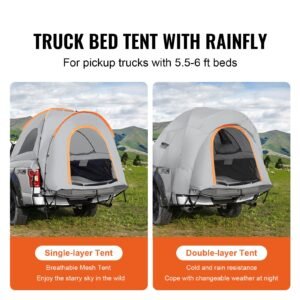 truck bed tent, 5.5' 6' pickup truck tent with rain layer and carry bag, waterproof pu2000mm double layer truck tent for camping, accommodate 2 3 person, for camping traveling outdoor activities