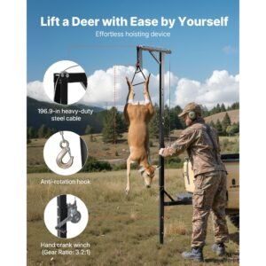 truck hitch game hoist, 600 lbs load capacity, hunting deer hoist with 2 inch receiver, 360 degree swivel shaft & adjustable height, includes gambrel winch for skinning & cleaning game