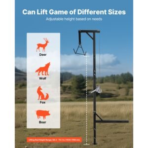 truck hitch game hoist, 600 lbs load capacity, hunting deer hoist with 2 inch receiver, 360 degree swivel shaft & adjustable height, includes gambrel winch for skinning & cleaning game
