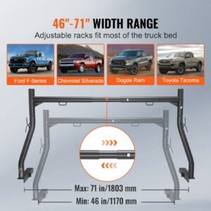 truck rack, 46 71inch extendable truck ladder rack, 800 lbs capacity steel ladder rack for truck with non drilling j bolts, heavy duty truck bed rack for kayak, surfboard, lumber, ladder